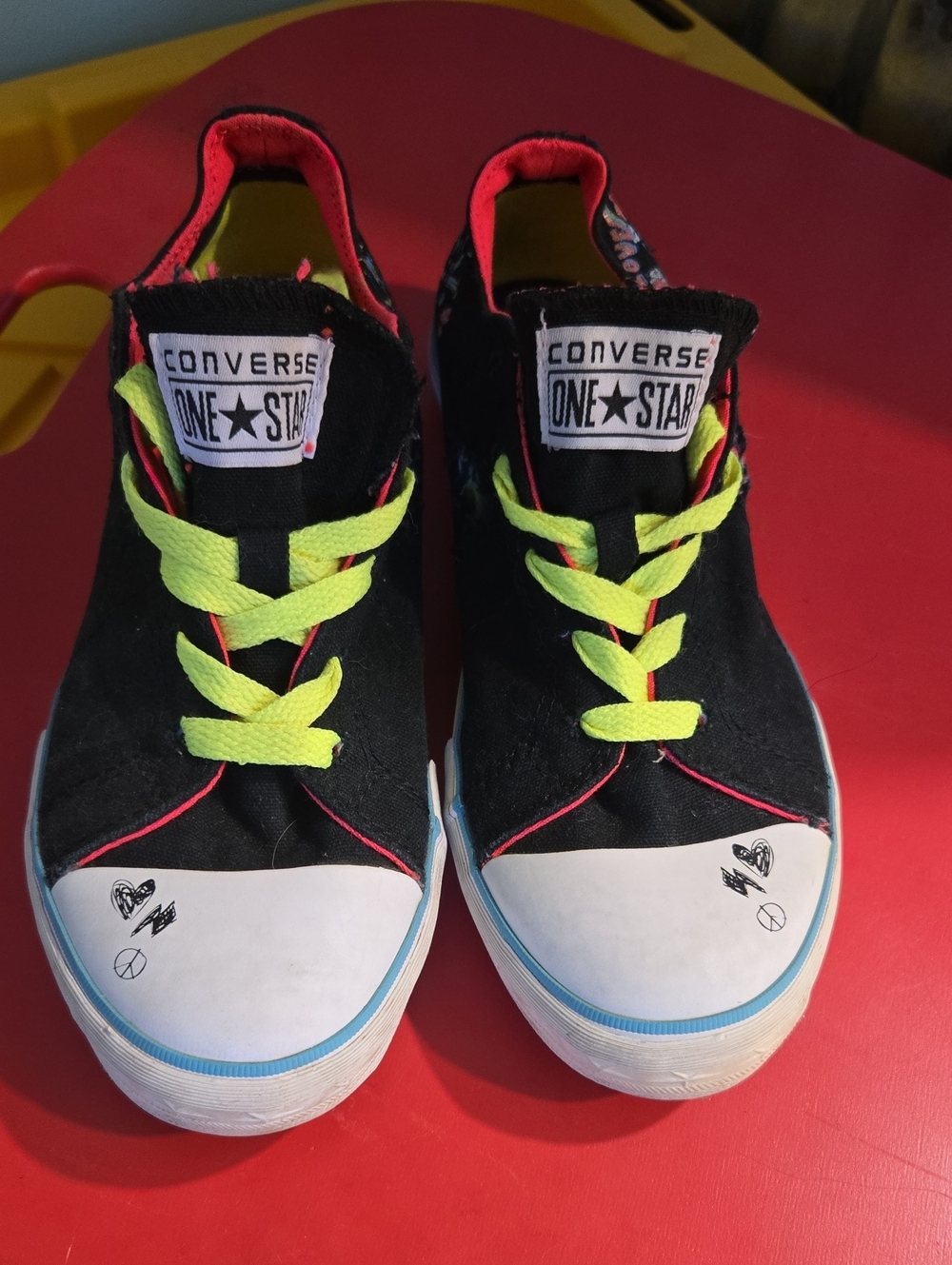Converse Kids One Star Black Sneakers with Neon Yellow Laces and Pink Trim